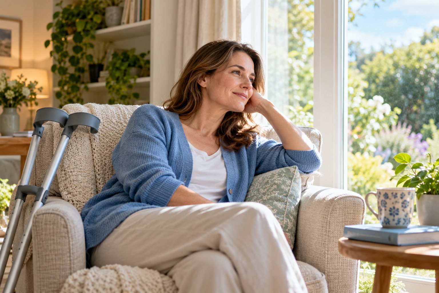 Illustrative image: A person resting at home with walking aids nearby
