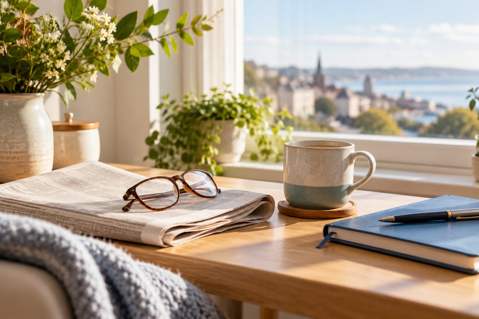 Illustrative image: A newspaper, reading glasses and tea