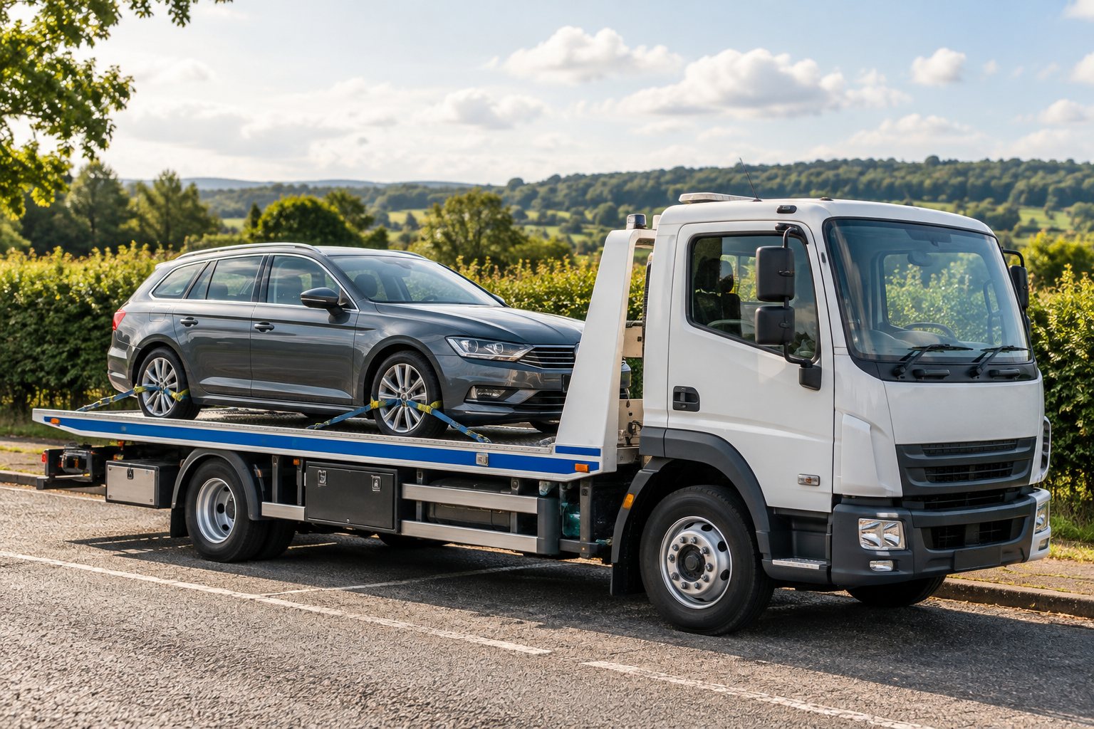 Illustrative image: A recovery truck carrying a car