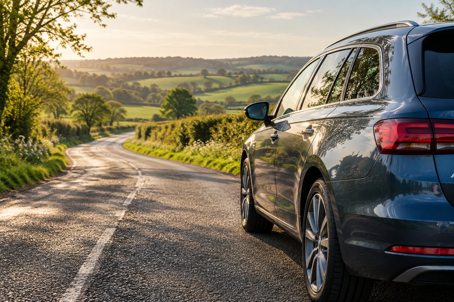 Illustrative photograph of a car beside a peaceful English country lane