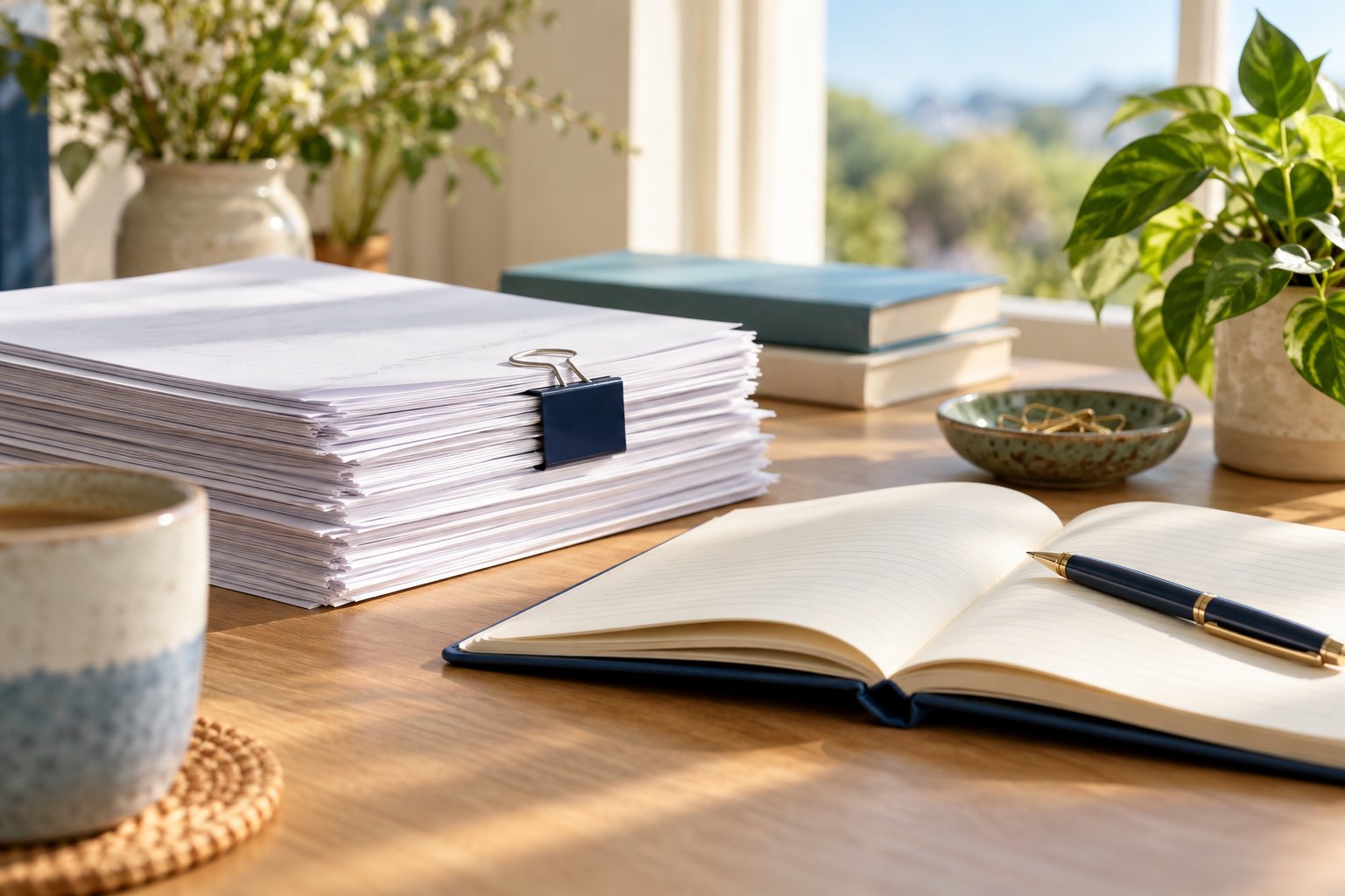 Illustrative image: Carefully organised documents and a pen